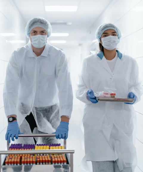 Two laboratory professionals in protective gear and masks walking down a sterile hallway; one pushing a cart with test tubes, and the other holding a tray with blood samples